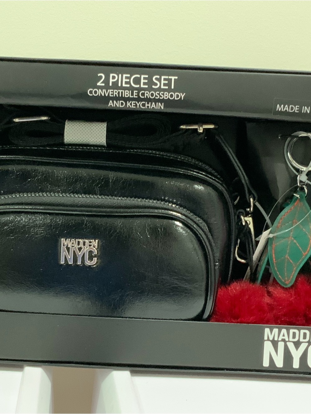 Steve Madden Black Convertible Crossbody 2-Piece Set with Red Pom Keychain